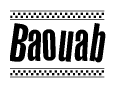 The image is a black and white clipart of the text Baouab in a bold, italicized font. The text is bordered by a dotted line on the top and bottom, and there are checkered flags positioned at both ends of the text, usually associated with racing or finishing lines.