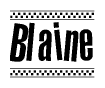 The clipart image displays the text Blaine in a bold, stylized font. It is enclosed in a rectangular border with a checkerboard pattern running below and above the text, similar to a finish line in racing. 