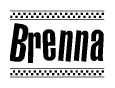 The image is a black and white clipart of the text Brenna in a bold, italicized font. The text is bordered by a dotted line on the top and bottom, and there are checkered flags positioned at both ends of the text, usually associated with racing or finishing lines.