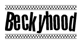 The clipart image displays the text Beckyhood in a bold, stylized font. It is enclosed in a rectangular border with a checkerboard pattern running below and above the text, similar to a finish line in racing. 