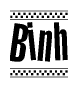 The image is a black and white clipart of the text Binh in a bold, italicized font. The text is bordered by a dotted line on the top and bottom, and there are checkered flags positioned at both ends of the text, usually associated with racing or finishing lines.