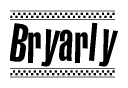 The image is a black and white clipart of the text Bryarly in a bold, italicized font. The text is bordered by a dotted line on the top and bottom, and there are checkered flags positioned at both ends of the text, usually associated with racing or finishing lines.