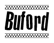 The image contains the text Buford in a bold, stylized font, with a checkered flag pattern bordering the top and bottom of the text.