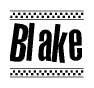 The image is a black and white clipart of the text Blake in a bold, italicized font. The text is bordered by a dotted line on the top and bottom, and there are checkered flags positioned at both ends of the text, usually associated with racing or finishing lines.