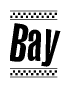 The image is a black and white clipart of the text Bay in a bold, italicized font. The text is bordered by a dotted line on the top and bottom, and there are checkered flags positioned at both ends of the text, usually associated with racing or finishing lines.