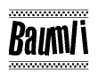 The clipart image displays the text Baumli in a bold, stylized font. It is enclosed in a rectangular border with a checkerboard pattern running below and above the text, similar to a finish line in racing. 