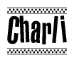 The image contains the text Charli in a bold, stylized font, with a checkered flag pattern bordering the top and bottom of the text.
