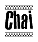 The image is a black and white clipart of the text Chai in a bold, italicized font. The text is bordered by a dotted line on the top and bottom, and there are checkered flags positioned at both ends of the text, usually associated with racing or finishing lines.