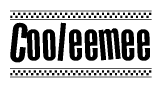 The image is a black and white clipart of the text Cooleemee in a bold, italicized font. The text is bordered by a dotted line on the top and bottom, and there are checkered flags positioned at both ends of the text, usually associated with racing or finishing lines.