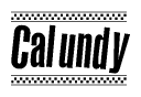 The image contains the text Calundy in a bold, stylized font, with a checkered flag pattern bordering the top and bottom of the text.