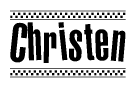 The image contains the text Christen in a bold, stylized font, with a checkered flag pattern bordering the top and bottom of the text.