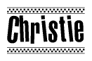 The image is a black and white clipart of the text Christie in a bold, italicized font. The text is bordered by a dotted line on the top and bottom, and there are checkered flags positioned at both ends of the text, usually associated with racing or finishing lines.