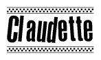 The image is a black and white clipart of the text Claudette in a bold, italicized font. The text is bordered by a dotted line on the top and bottom, and there are checkered flags positioned at both ends of the text, usually associated with racing or finishing lines.
