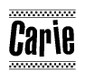 The image is a black and white clipart of the text Carie in a bold, italicized font. The text is bordered by a dotted line on the top and bottom, and there are checkered flags positioned at both ends of the text, usually associated with racing or finishing lines.