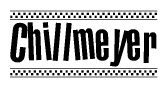 The clipart image displays the text Chillmeyer in a bold, stylized font. It is enclosed in a rectangular border with a checkerboard pattern running below and above the text, similar to a finish line in racing. 