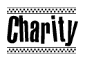 The image contains the text Charity in a bold, stylized font, with a checkered flag pattern bordering the top and bottom of the text.