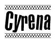 The image is a black and white clipart of the text Cyrena in a bold, italicized font. The text is bordered by a dotted line on the top and bottom, and there are checkered flags positioned at both ends of the text, usually associated with racing or finishing lines.