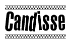 The image is a black and white clipart of the text Candisse in a bold, italicized font. The text is bordered by a dotted line on the top and bottom, and there are checkered flags positioned at both ends of the text, usually associated with racing or finishing lines.