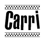 The image is a black and white clipart of the text Carri in a bold, italicized font. The text is bordered by a dotted line on the top and bottom, and there are checkered flags positioned at both ends of the text, usually associated with racing or finishing lines.