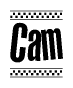 The image contains the text Cam in a bold, stylized font, with a checkered flag pattern bordering the top and bottom of the text.