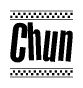 The image is a black and white clipart of the text Chun in a bold, italicized font. The text is bordered by a dotted line on the top and bottom, and there are checkered flags positioned at both ends of the text, usually associated with racing or finishing lines.