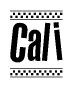 The image contains the text Cali in a bold, stylized font, with a checkered flag pattern bordering the top and bottom of the text.
