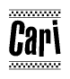 The image is a black and white clipart of the text Cari in a bold, italicized font. The text is bordered by a dotted line on the top and bottom, and there are checkered flags positioned at both ends of the text, usually associated with racing or finishing lines.