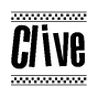 The clipart image displays the text Clive in a bold, stylized font. It is enclosed in a rectangular border with a checkerboard pattern running below and above the text, similar to a finish line in racing. 