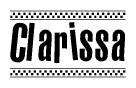 The image contains the text Clarissa in a bold, stylized font, with a checkered flag pattern bordering the top and bottom of the text.