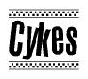 The image is a black and white clipart of the text Cykes in a bold, italicized font. The text is bordered by a dotted line on the top and bottom, and there are checkered flags positioned at both ends of the text, usually associated with racing or finishing lines.