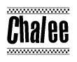 The image is a black and white clipart of the text Chalee in a bold, italicized font. The text is bordered by a dotted line on the top and bottom, and there are checkered flags positioned at both ends of the text, usually associated with racing or finishing lines.