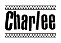 The image is a black and white clipart of the text Charlee in a bold, italicized font. The text is bordered by a dotted line on the top and bottom, and there are checkered flags positioned at both ends of the text, usually associated with racing or finishing lines.
