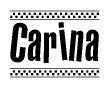The clipart image displays the text Carina in a bold, stylized font. It is enclosed in a rectangular border with a checkerboard pattern running below and above the text, similar to a finish line in racing. 