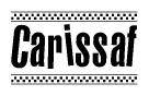 The image contains the text Carissaf in a bold, stylized font, with a checkered flag pattern bordering the top and bottom of the text.