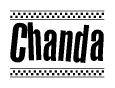 The image contains the text Chanda in a bold, stylized font, with a checkered flag pattern bordering the top and bottom of the text.