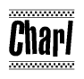 The image is a black and white clipart of the text Charl in a bold, italicized font. The text is bordered by a dotted line on the top and bottom, and there are checkered flags positioned at both ends of the text, usually associated with racing or finishing lines.