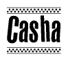 The image is a black and white clipart of the text Casha in a bold, italicized font. The text is bordered by a dotted line on the top and bottom, and there are checkered flags positioned at both ends of the text, usually associated with racing or finishing lines.
