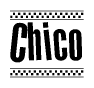 The image is a black and white clipart of the text Chico in a bold, italicized font. The text is bordered by a dotted line on the top and bottom, and there are checkered flags positioned at both ends of the text, usually associated with racing or finishing lines.