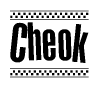 The clipart image displays the text Cheok in a bold, stylized font. It is enclosed in a rectangular border with a checkerboard pattern running below and above the text, similar to a finish line in racing. 