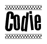 The image contains the text Codie in a bold, stylized font, with a checkered flag pattern bordering the top and bottom of the text.
