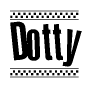 The image contains the text Dotty in a bold, stylized font, with a checkered flag pattern bordering the top and bottom of the text.
