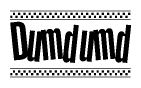 The image is a black and white clipart of the text Dumdumd in a bold, italicized font. The text is bordered by a dotted line on the top and bottom, and there are checkered flags positioned at both ends of the text, usually associated with racing or finishing lines.
