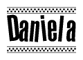 The image contains the text Daniela in a bold, stylized font, with a checkered flag pattern bordering the top and bottom of the text.