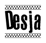 The image contains the text Desja in a bold, stylized font, with a checkered flag pattern bordering the top and bottom of the text.