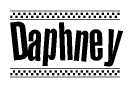 The image is a black and white clipart of the text Daphney in a bold, italicized font. The text is bordered by a dotted line on the top and bottom, and there are checkered flags positioned at both ends of the text, usually associated with racing or finishing lines.