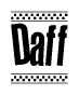 The clipart image displays the text Daff in a bold, stylized font. It is enclosed in a rectangular border with a checkerboard pattern running below and above the text, similar to a finish line in racing. 
