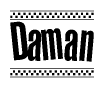 The image contains the text Daman in a bold, stylized font, with a checkered flag pattern bordering the top and bottom of the text.