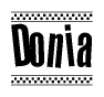 The clipart image displays the text Donia in a bold, stylized font. It is enclosed in a rectangular border with a checkerboard pattern running below and above the text, similar to a finish line in racing. 