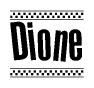 The clipart image displays the text Dione in a bold, stylized font. It is enclosed in a rectangular border with a checkerboard pattern running below and above the text, similar to a finish line in racing. 