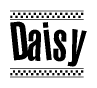 The image contains the text Daisy in a bold, stylized font, with a checkered flag pattern bordering the top and bottom of the text.
